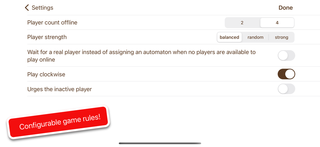 Pantalla de configuración para Buraco Internacional que muestra reglas de juego y opciones de jugador configurables