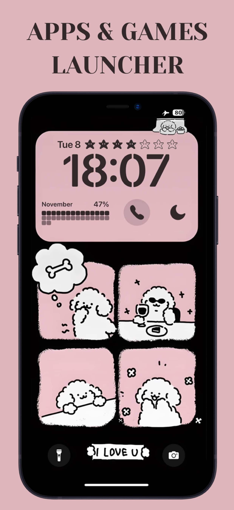 LockWidget - LockScreen Themes - iPhone lock screen showing a pink aesthetic theme with an apps launcher and cute dog illustrations