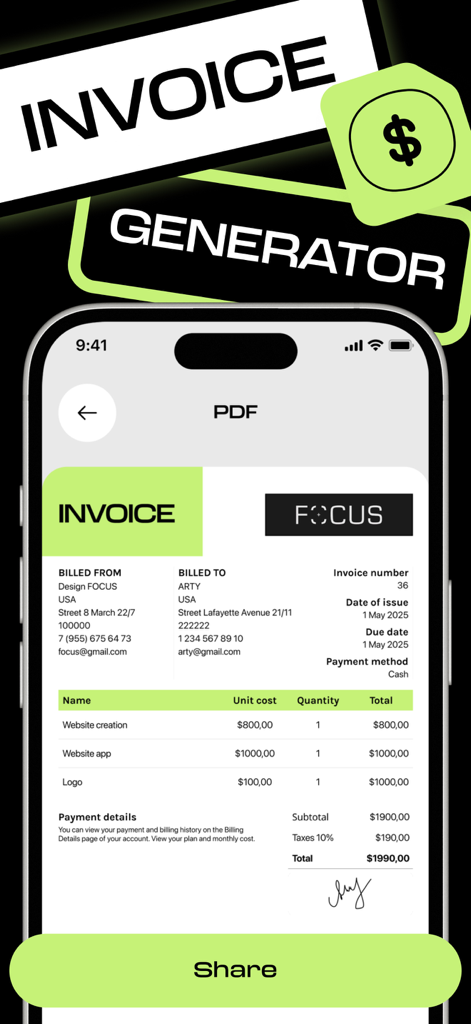 Professional PDF invoice preview in the mobile app showing itemized billing and digital signature