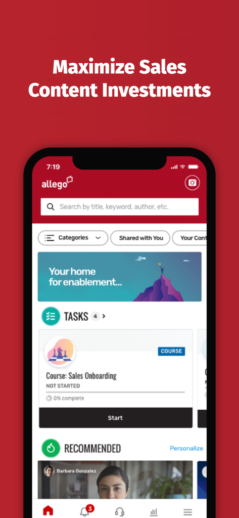 Allego mobile app home screen showing sales onboarding tasks and recommended video content