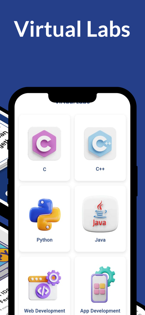 Coding Jr - Captura de pantalla de la aplicación Coding Jr que muestra laboratorios virtuales para lenguajes de programación como Python, Java y C++