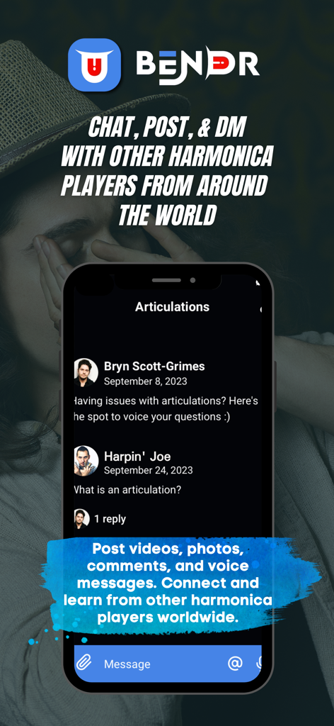 Brynland - Eine mobile Benutzeroberfläche der Brynland-App, die ein Community-Forum zeigt, in dem Mundharmonika-Spieler chatten und Techniken diskutieren.