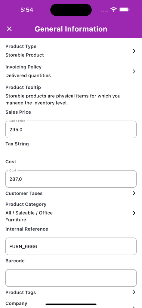Pantalla de la aplicación Cliente ERP Móvil mostrando información general del producto, incluido el precio de venta y la categoría de inventario