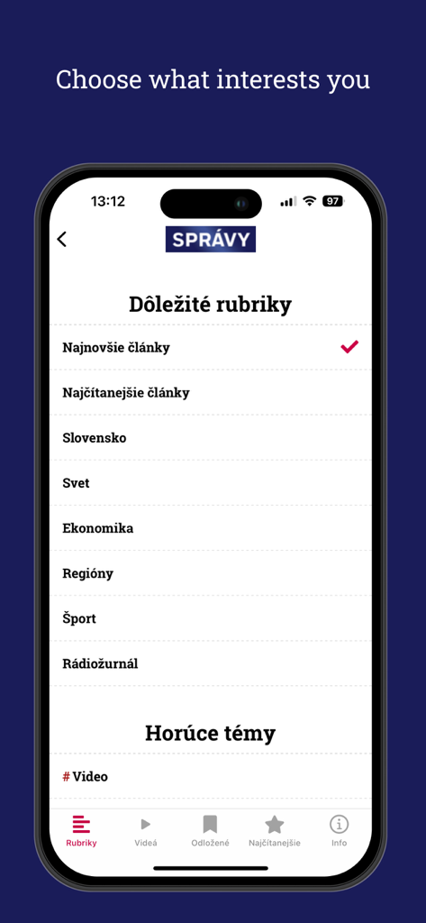 Správy STVR - Auswahlmenü der Nachrichtenkategorien in der mobilen App Správy STVR