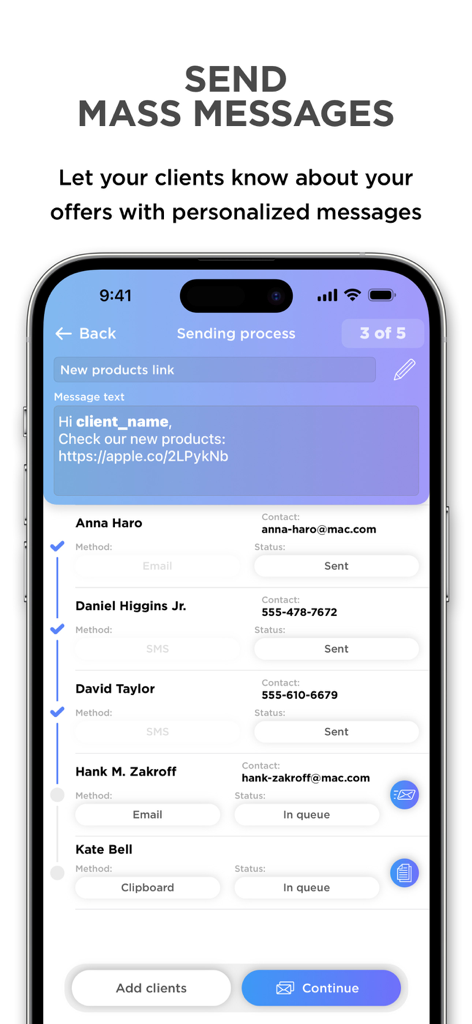 Clients: Your Client Book, CRM - Interfaz de la aplicación que muestra el progreso del envío de mensajes masivos personalizados a una lista de clientes