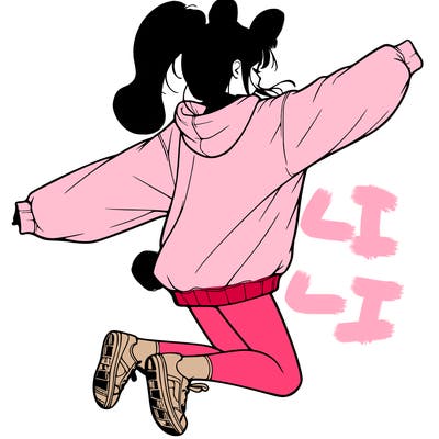 realistic girl jumping with a bun and oversized sweatshirt