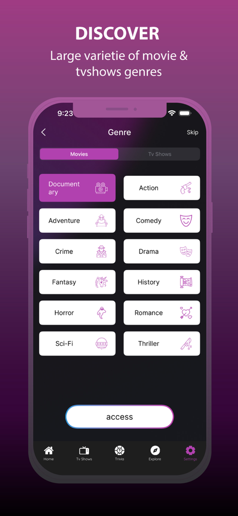 Cinema HD 앱 화면에 발견을 위한 다양한 영화 및 TV 쇼 장르 표시
