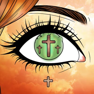 a girls eye with a reflection of the cross in it in the background 3 crosses