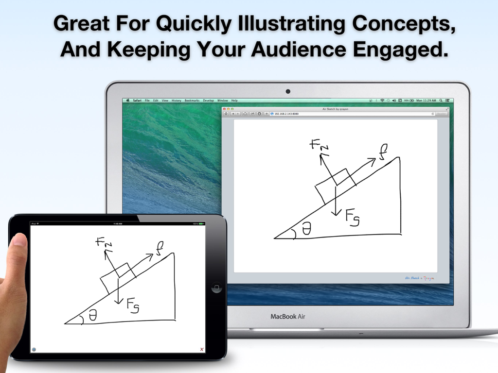 Air Sketch Free - Air Sketchを使用して、iPadで描かれた物理学の図がMacBook画面にリアルタイムでワイヤレスミラーリングされている様子