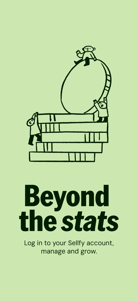 Tela de login do aplicativo Sellfy com uma ilustração criativa de personagens empilhando moedas com o texto Além das estatísticas