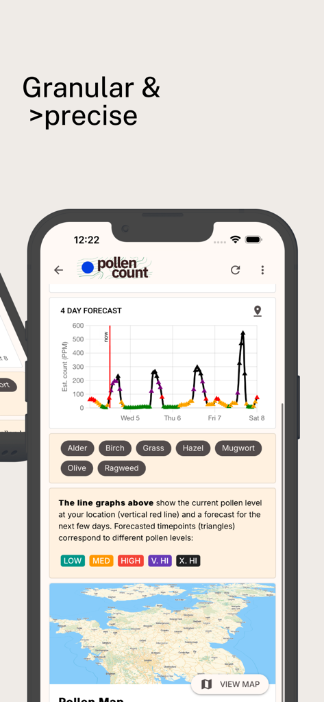 Pollen Count UK - Pollen Count UK mobile app interface showing a 4 day pollen forecast graph and different pollen types like grass and birch