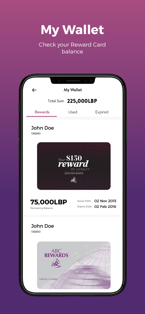 ABC Lebanon app My Wallet screen showing digital loyalty rewards and gift card balances