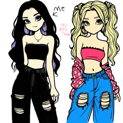 2 girls in crop tops and baggy jeans ripped