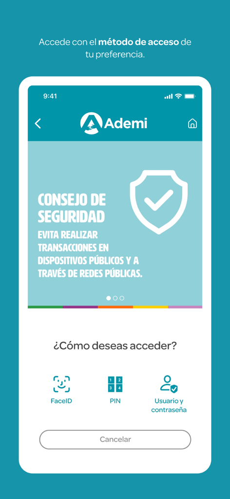 Login screen for App Ademi showing security tips and access options including FaceID, PIN, and password.