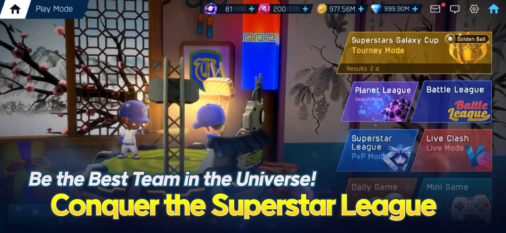 Spielmenü von Baseball Superstars 2024 mit verschiedenen Ligamöglichkeiten und Anime-Charakteren.