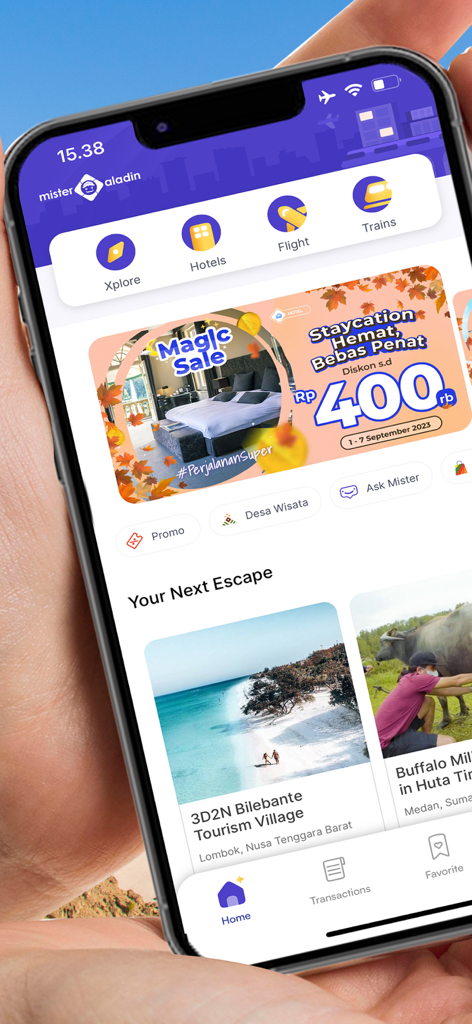 Mister Aladin Hotel & Activity - Schermata principale dell'app Mister Aladin che presenta servizi di prenotazione hotel e viaggi