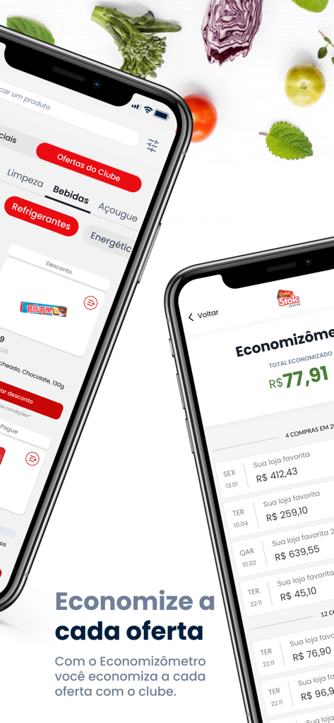 Clube Stok Center app screens showing product discounts and a savings tracker