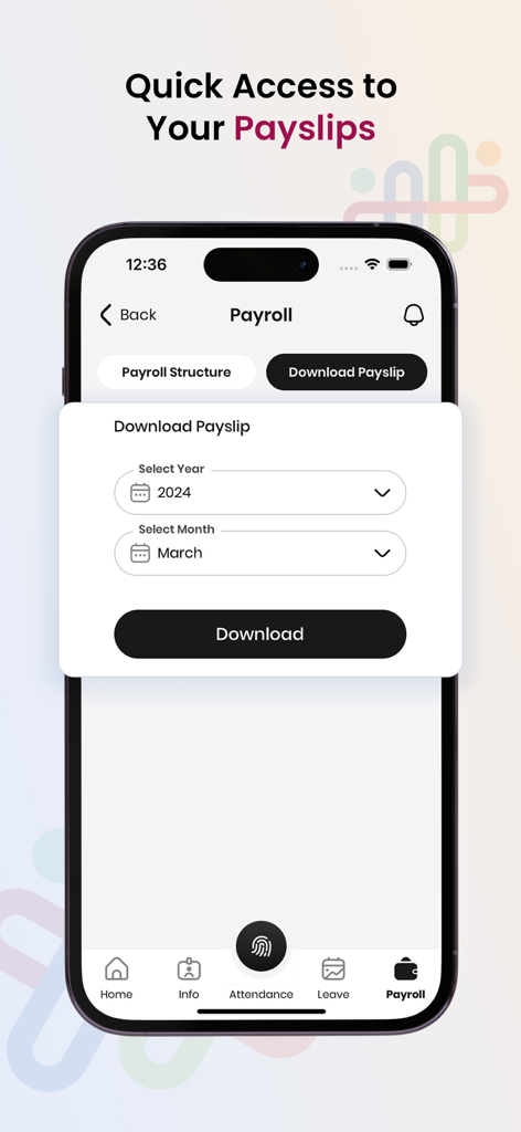 HR HUB: HRMS & Payroll App - Interfaz de la aplicación HR HUB que muestra una pantalla de nómina para seleccionar y descargar recibos de sueldo mensuales.