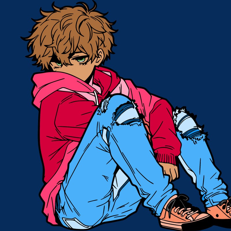 a male hoddie ripped jeans messy hair anime