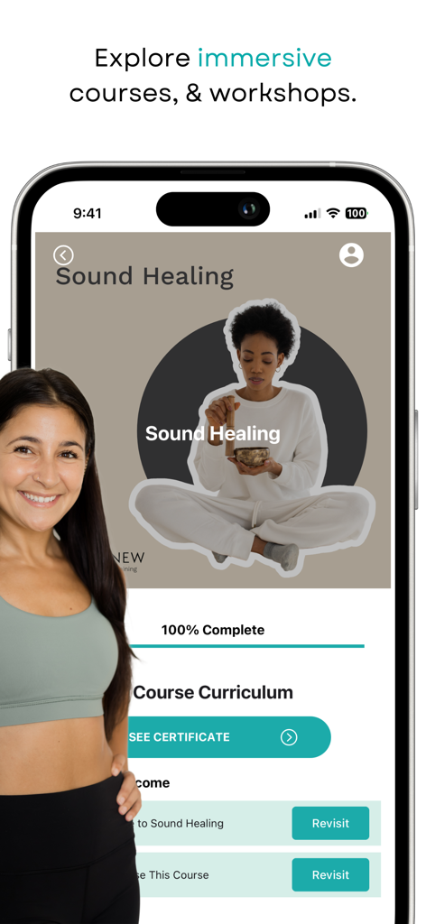 YogaRenew | Yoga At Home - YogaRenew app interface showing the sound healing course curriculum and completion status