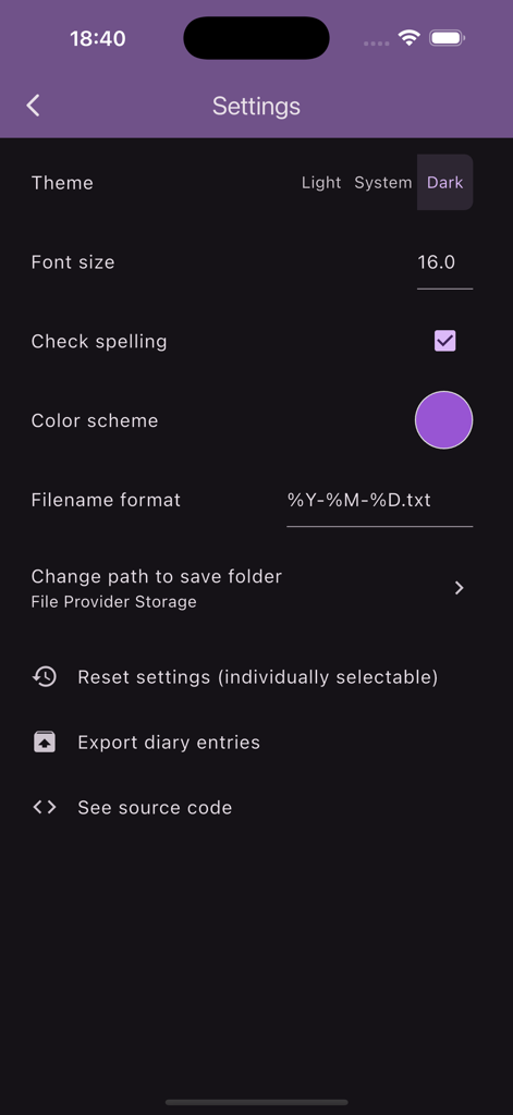The settings menu of the Write memos for fun app showing theme selection font size and color scheme options
