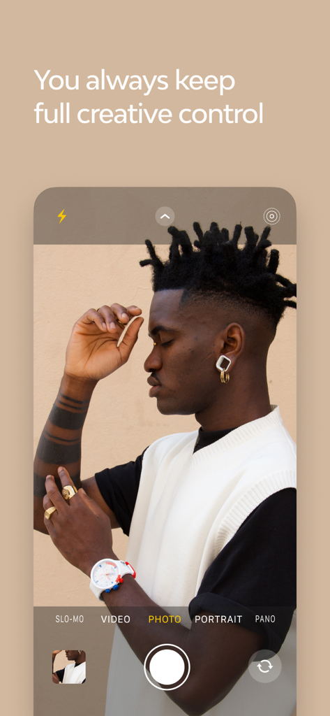 Vamp - Vamp app camera interface with a creator and the text You always keep full creative control