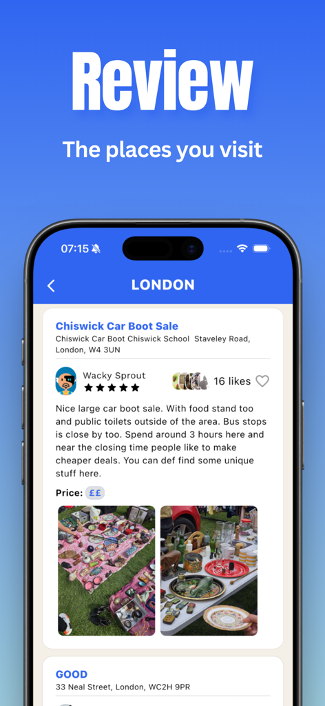 Ganddee: Second Hand Shops Map - Critique d'un vide-grenier à Londres sur l'application Ganddee montrant des articles vintage.