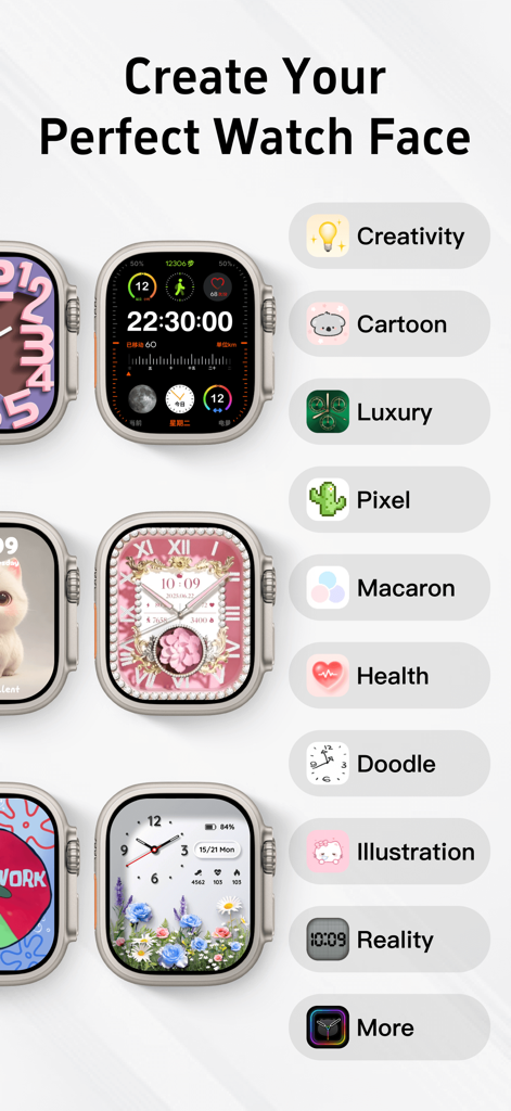 漫画のラグジュアリーや健康データテーマを含む、多様なApple Watchフェイススタイルのギャラリー
