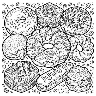 Satisfy your creative cravings with this scrumptious coloring page featuring an assortment of delicious doughnuts and delicate pastries. From glazed rings to flaky croissants, there's a sweet treat for every colorist to enjoy.