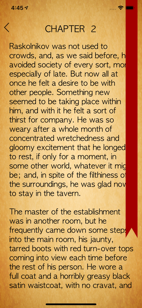 Dostoyevsky - Reading interface of the Dostoyevsky app displaying text from Crime and Punishment on a parchment background with a red bookmark.