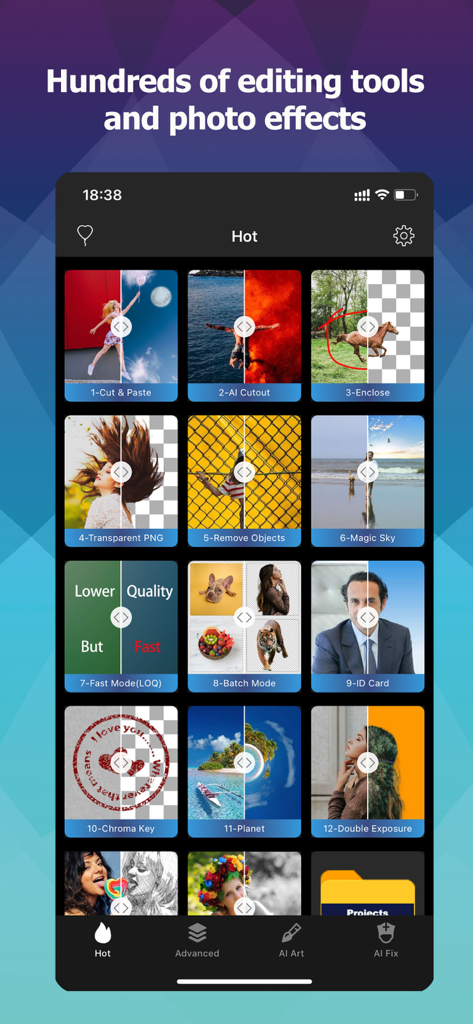 Photo Cut Out Editor - A mobile interface for Photo Cut Out Editor showcasing a grid of features including AI cutout, background removal, and batch processing tools.