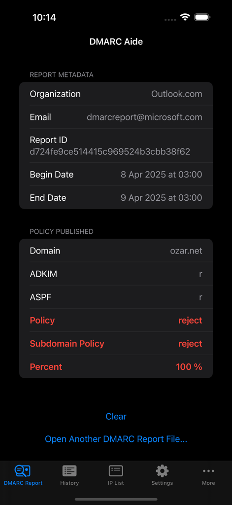 DMARC Aide - Screenshot of DMARC Aide app displaying report metadata and security policy details.