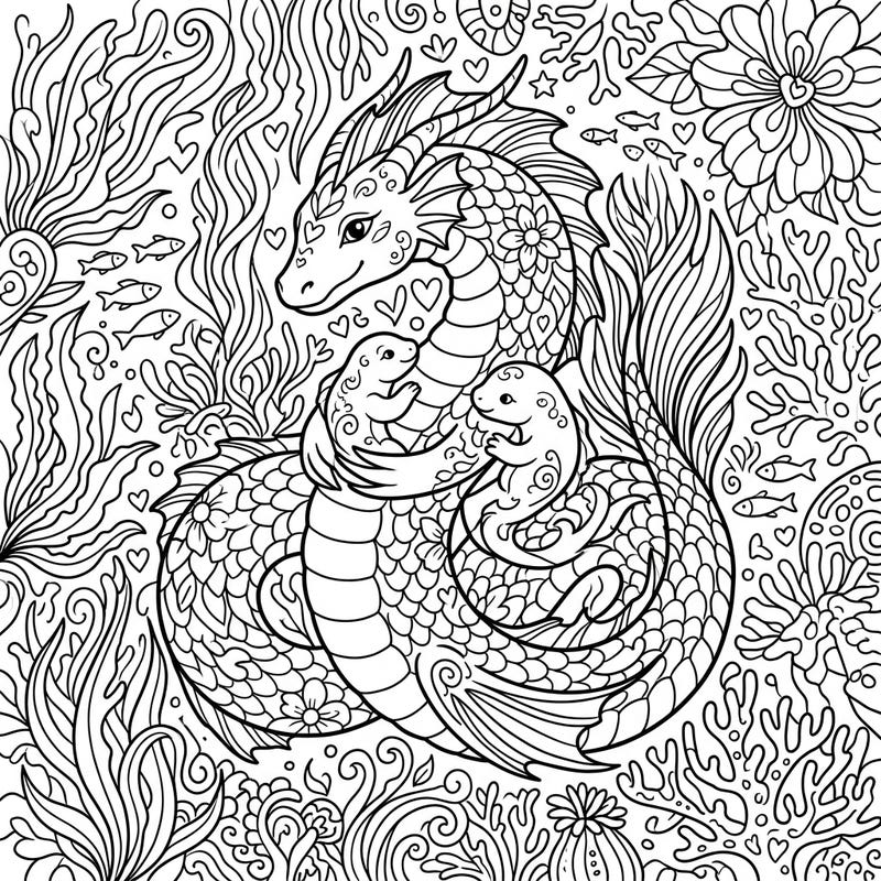 Celebrate the incredible bond of motherhood with this unique Leviathan coloring page, perfect for Mother's Day. Discover a tender scene of a majestic sea creature protecting its adorable offspring amidst a vibrant underwater world.