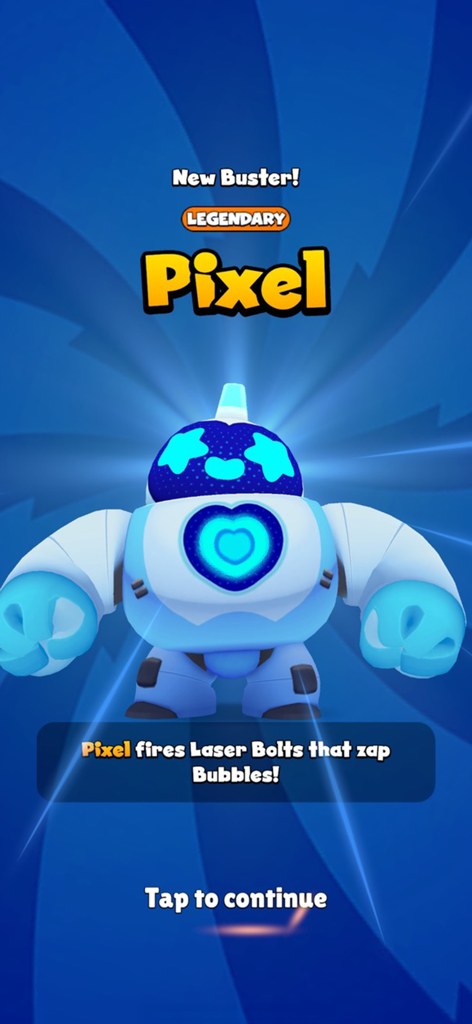 A legendary 3D robot character named Pixel from the Bubble Busters game