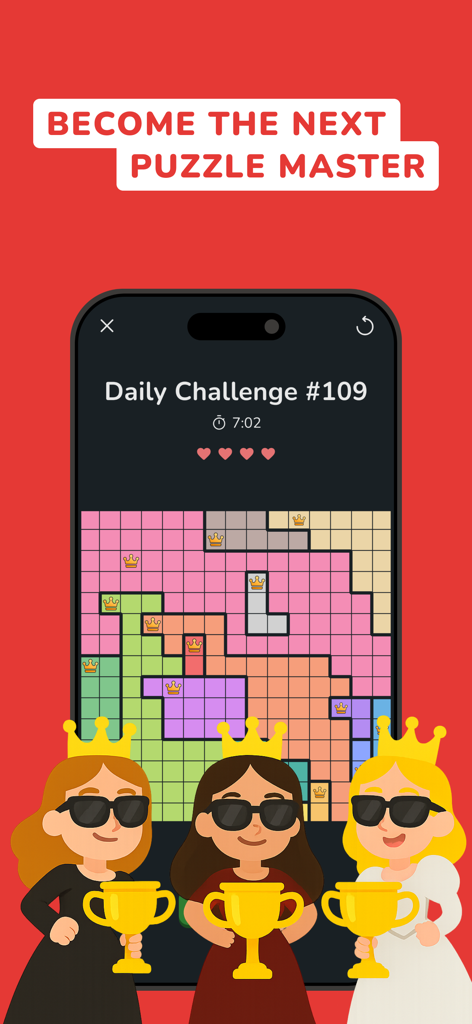 Queens: Board Puzzle Games - Captura de pantalla del juego móvil de un desafío de puzzle diario en Queens Board Puzzle con tres personajes con coronas y trofeos dorados