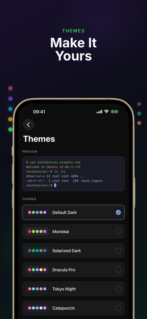 Terminal - SSH Client - A smartphone screen displaying various terminal themes for the SSH client like Dracula Pro and Tokyo Night
