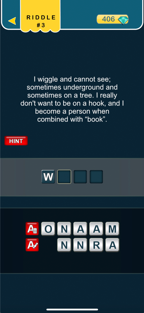 What am I? riddles - Word game - Gameplay screen of the What am I riddles word game showing a rhyme about a worm with puzzle letter tiles.