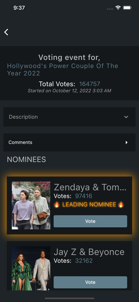 NETIZENS CHOICE: Voting App - In-app voting screen for Hollywood Power Couple of the Year 2022 featuring Zendaya and Tom Holland as the leading nominees