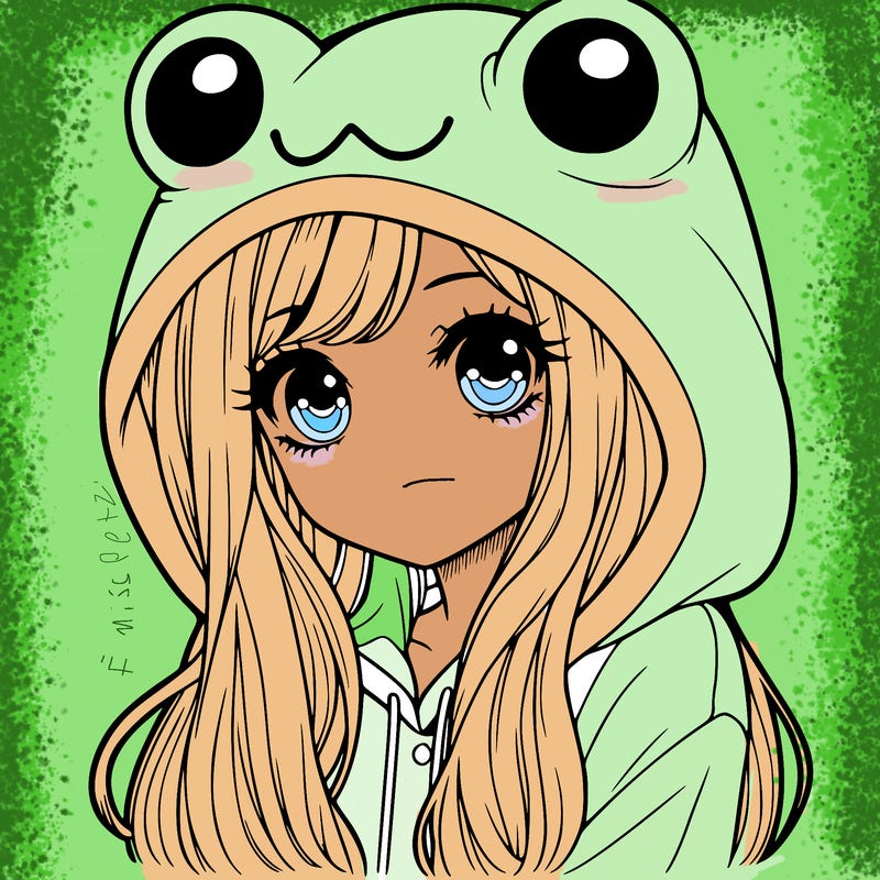 a pretty girl wearing a frog hoodie portrait with long hair