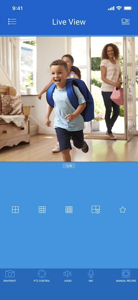 Lorex Cloud mobile app interface showing a live security camera feed of a family entering a home with control icons for monitoring