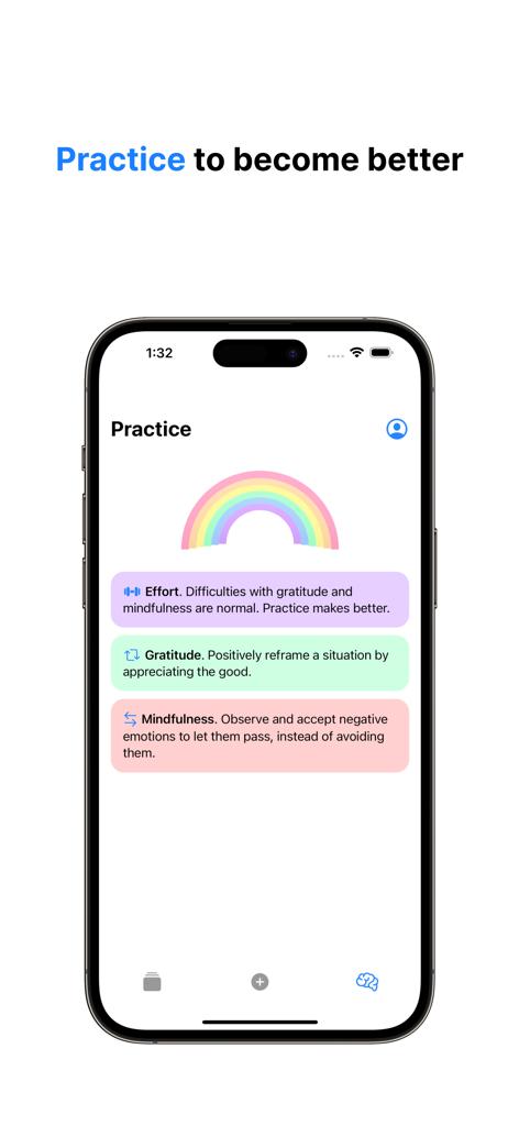 Diary+: Gratitude, Mindfulness - マインドフルネスと感謝のヒントを表示するDiary plusアプリのPracticeタブのスクリーンショット