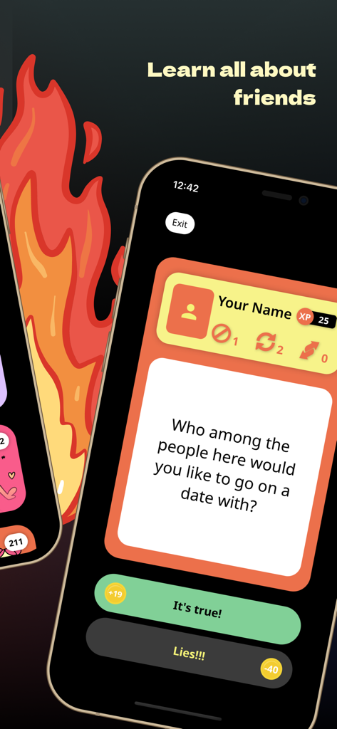Truth or Dare? Fun Party Game - A mobile phone screen from the Truth or Dare app showing a truth question and gamified buttons for points.
