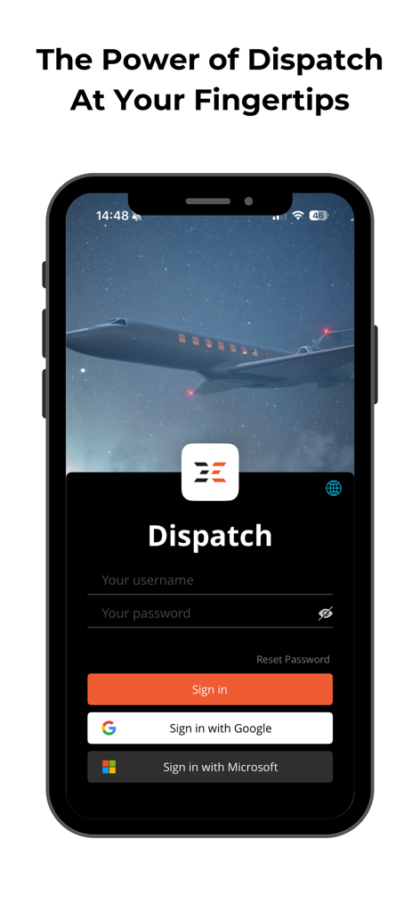 FL3XX Dispatch - FL3XX Dispatch app login screen for flight operations professionals featuring a private jet background and multiple sign in options