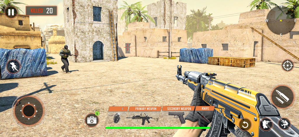 FPS Gun Shooting Game 2024 - Jugabilidad de disparos en primera persona que muestra un rifle de asalto amarillo en un entorno de ciudad desértica