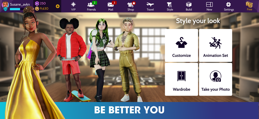 Cuatro avatares 3D con diferentes estilos de moda en el menú 'Estiliza tu look' de Avakin Life.