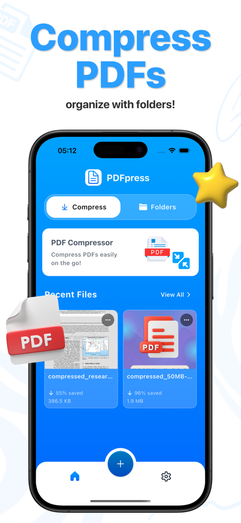 Interface do aplicativo móvel PDFpress mostrando opções de compressão de PDF e pastas organizadas.