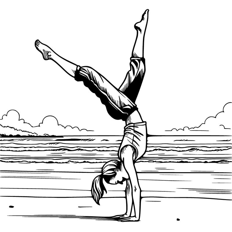 a realistic girl doing a handstand on the beach