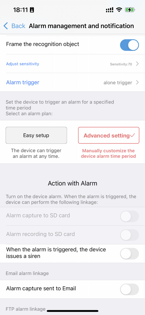 CamHipro app interface for alarm management and notification settings including motion recognition sensitivity and trigger actions.