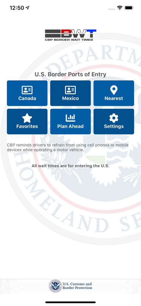 A tela inicial do aplicativo CBP Border Wait Times, com botões de navegação para travessias de fronteira entre Canadá e México