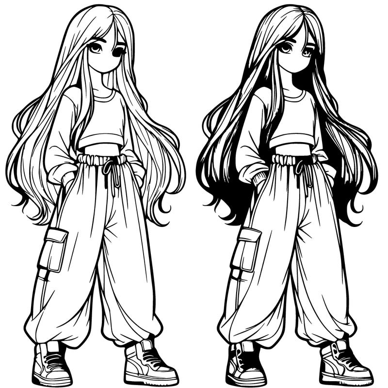 realistic girl with long hair and baggy pants